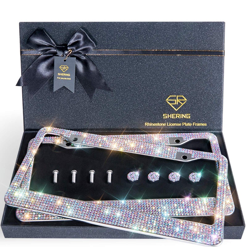 SHERING Bling License Plate Frame, 2 Pack Frame with Premium Gift Box for Women,Rhinestone Frames 1200pcs Rhinestonesï¼ˆColorful Rhinestonesï¼‰ - Image 1